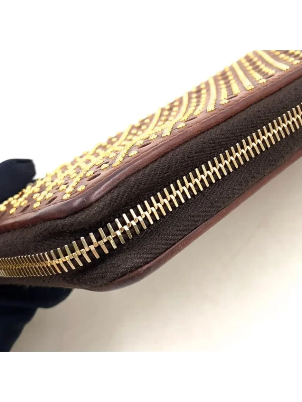 Gucci Woven Web Zip Around Leather Brown Wallet Gold - Picture 13 of 15
